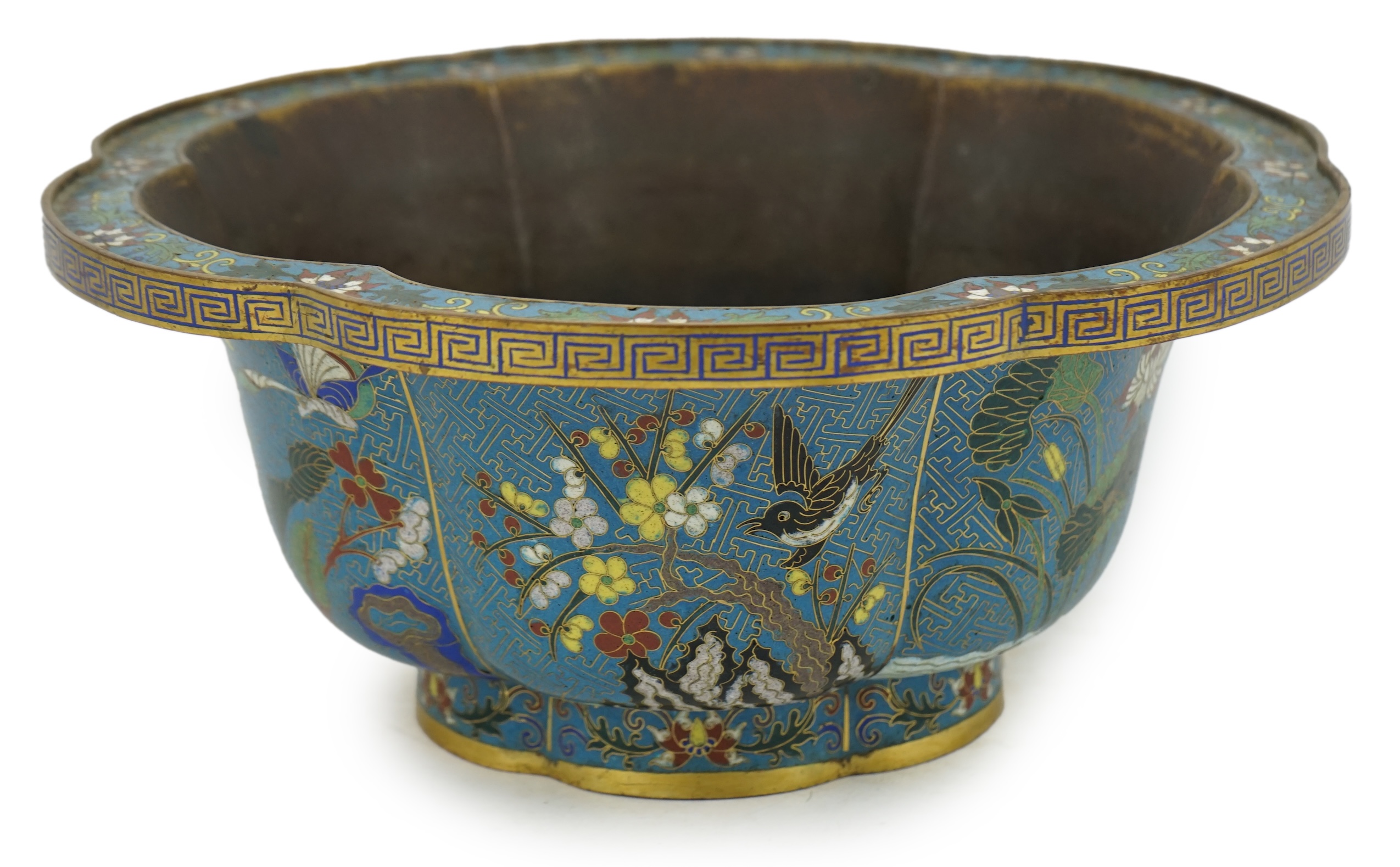 A Chinese cloisonné polychrome enamel petal lobed jardiniere, Jiaqing period